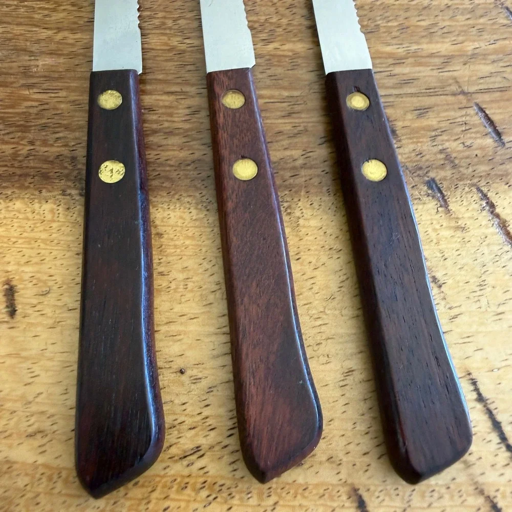 Hanford Forge Steak Knives Set of 3 Serrated Stainless Japan Wood Handle Brass